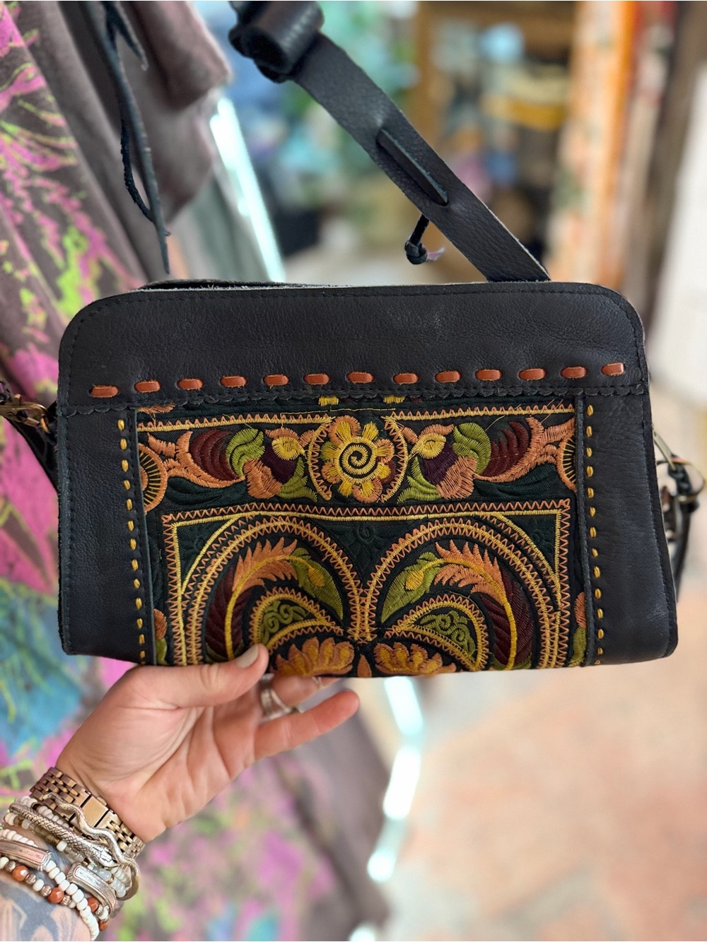 Pranee Hand-stitched Black Leather Crossbody Bag with Multicolor Embroidery